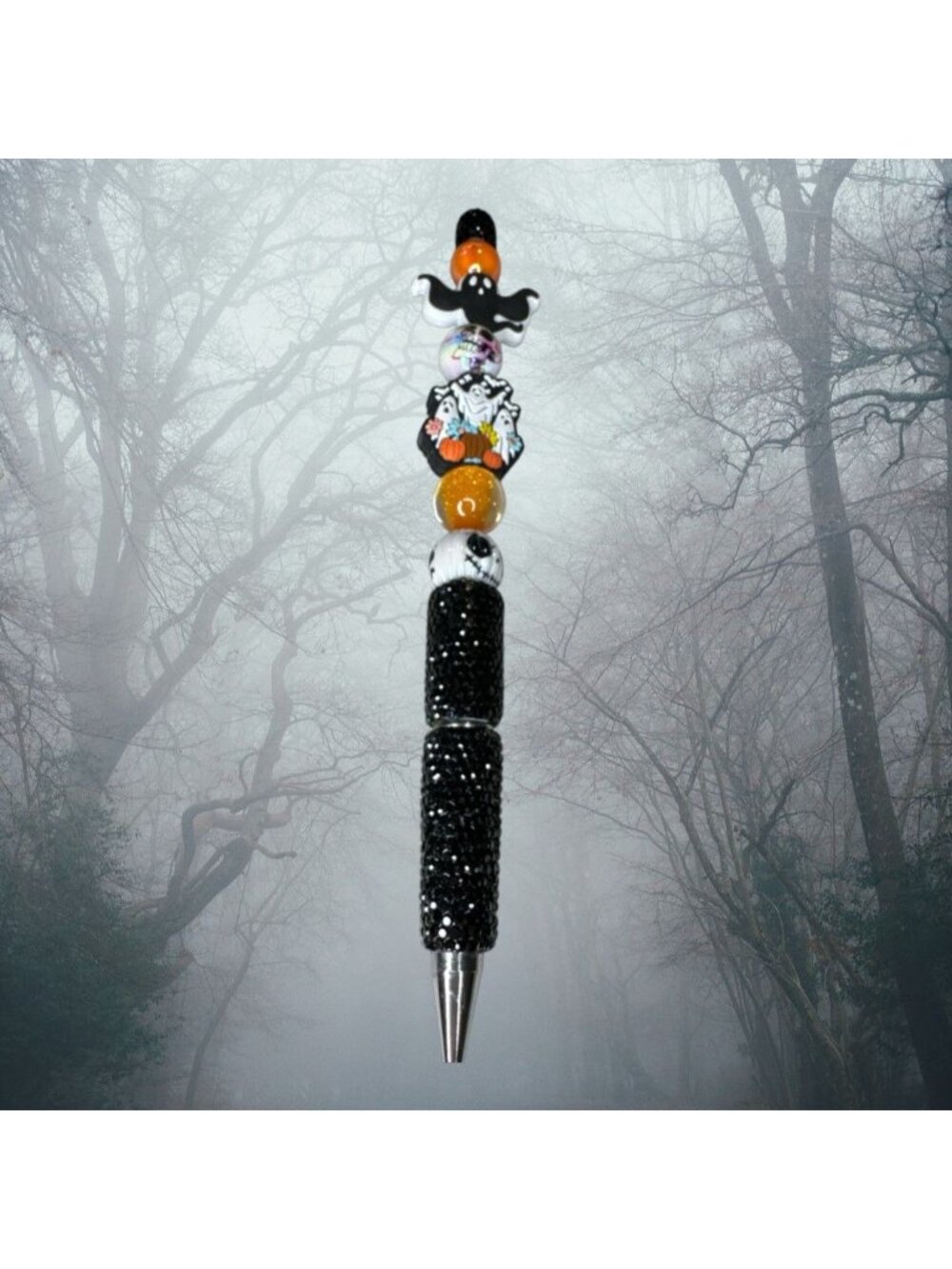 Halloween Beaded Pen With Ghost & Pumpkin Charms Black Rhinestone Accent Glitter